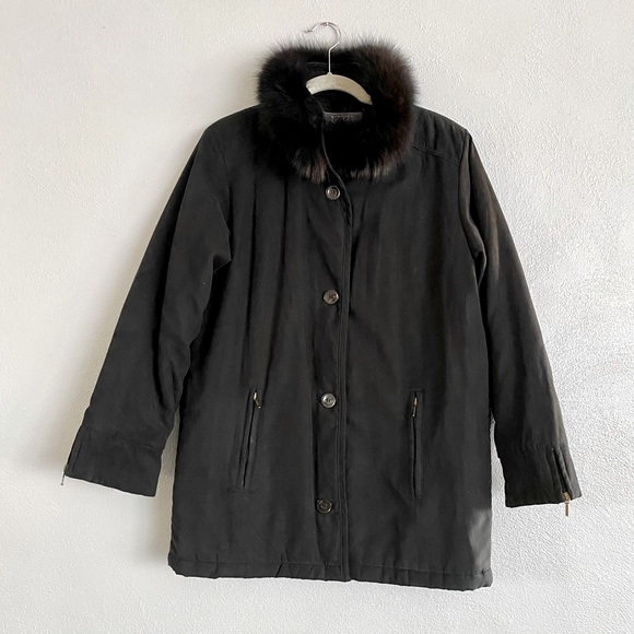 Izzi Coat Womens Size Small Black Outerwear Button Down Removable Fox Fur Collar - Picture 1 of 11